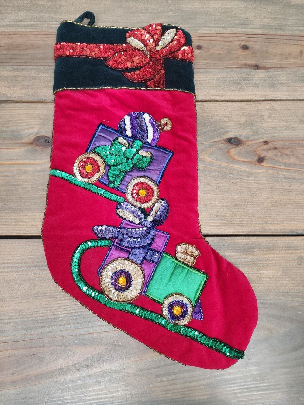 Vintage Santa’s Best Red Velvet Sequin Train Christmas Stocking